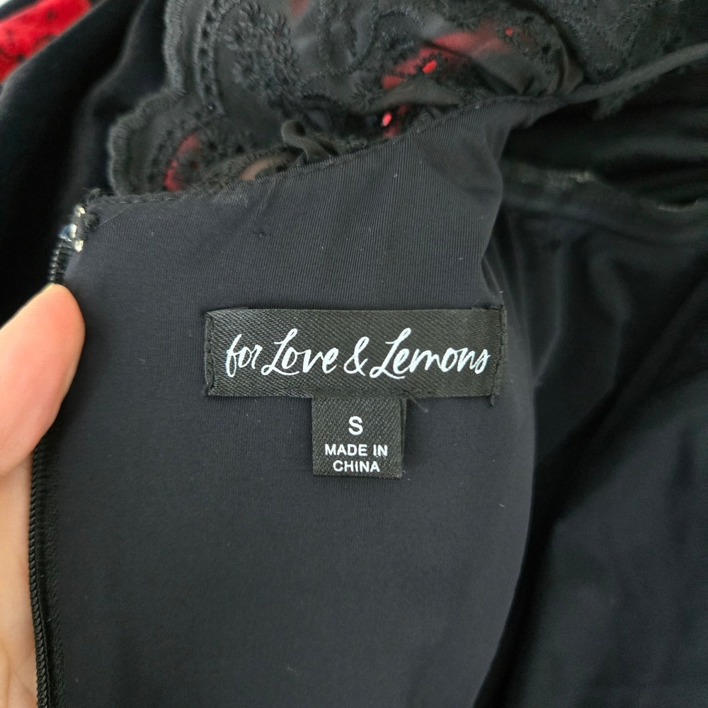 For Love & Lemons Yara Printed Velvet Mini Dress Black Red Rose Lace Ruffle - Picture 5 of 9
